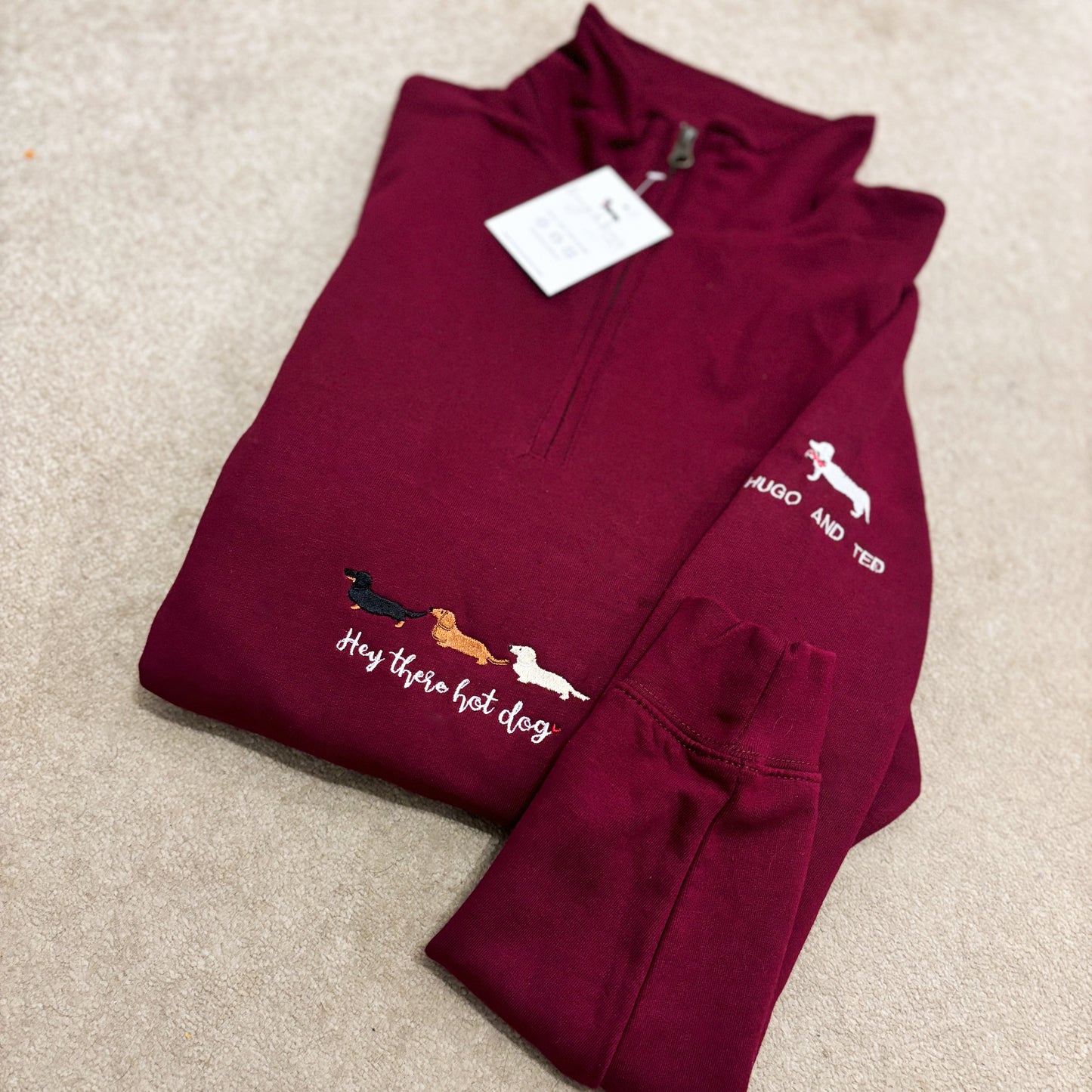 'Hey There Hot Dog' Quarter Zip Personalised Sweater